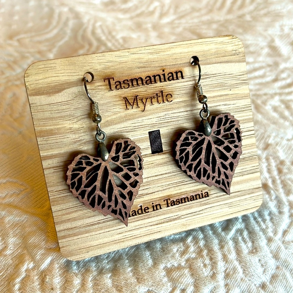 Tasmanian Myrtle Laser Cut Wood Earrings and Wood Stand